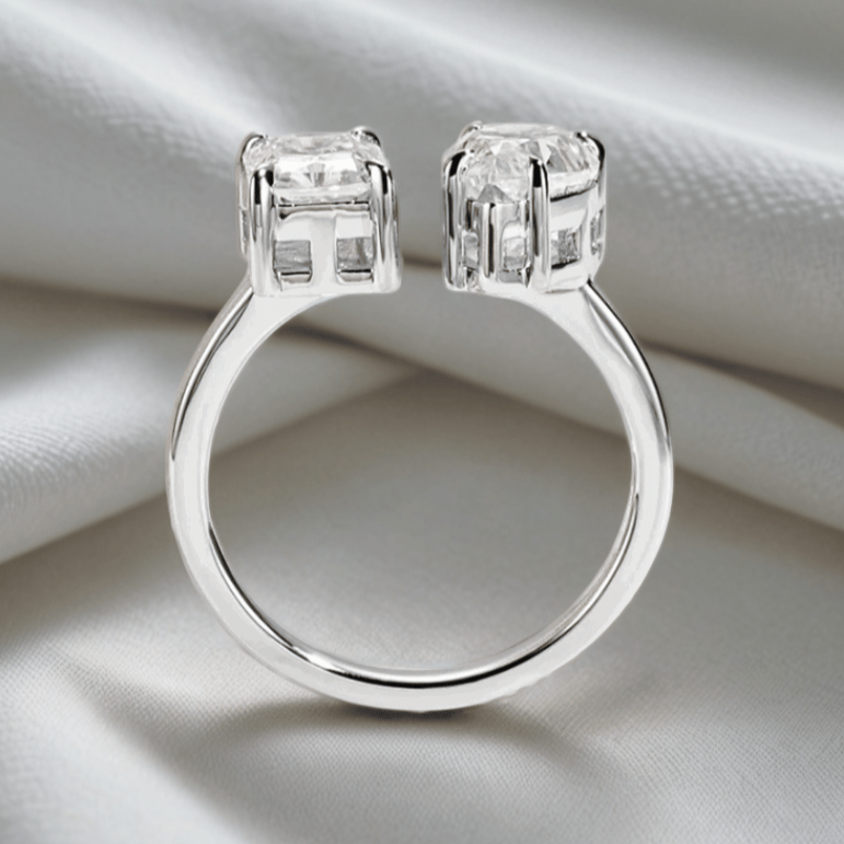 Dual Delight 2ct Radiant & 2ct Pear Cut Moissanite Ring in 18K White Gold Finish