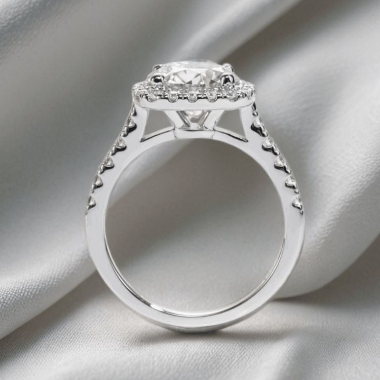 Round 3ct Moissanite Halo Ring with Half Pave in White Gold Plating