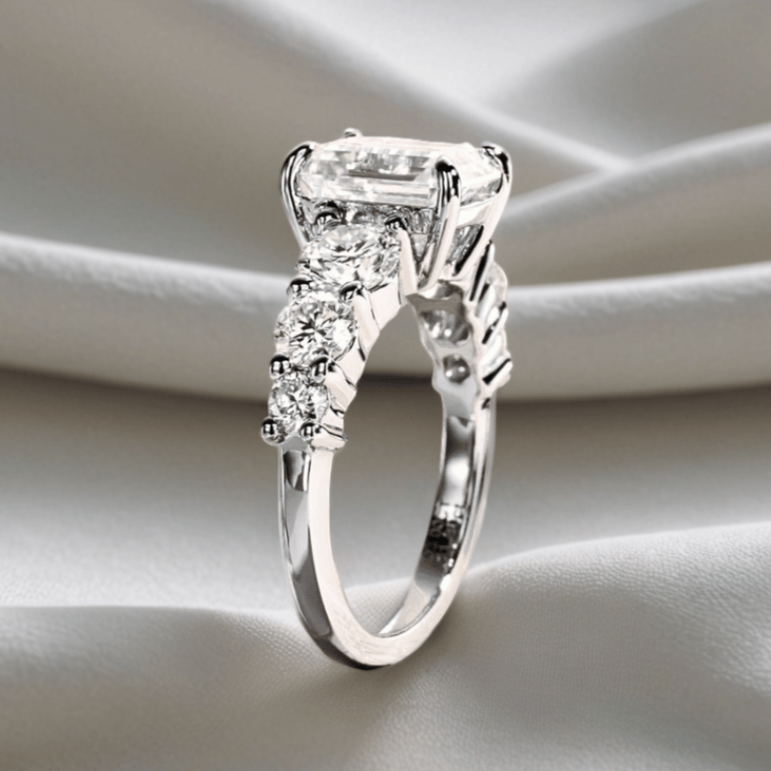 3 Carat Emerald-Cut Moissanite Engagement Ring | 4.8ct, 7-Stone Ring