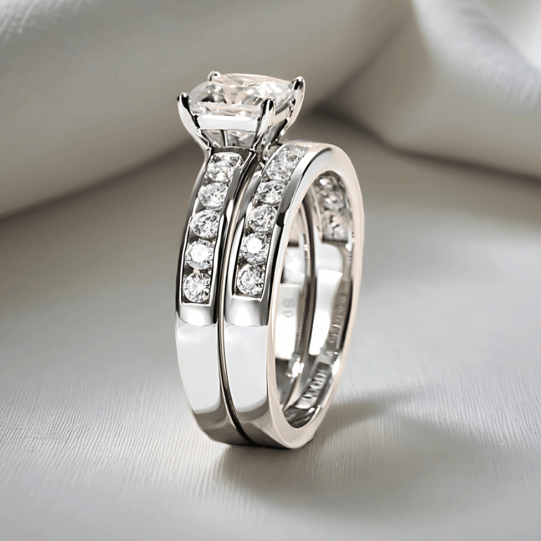 Princess-Cut 1.2ct Moissanite Channel-Set Ring with Matching Band Option in 18K White Gold