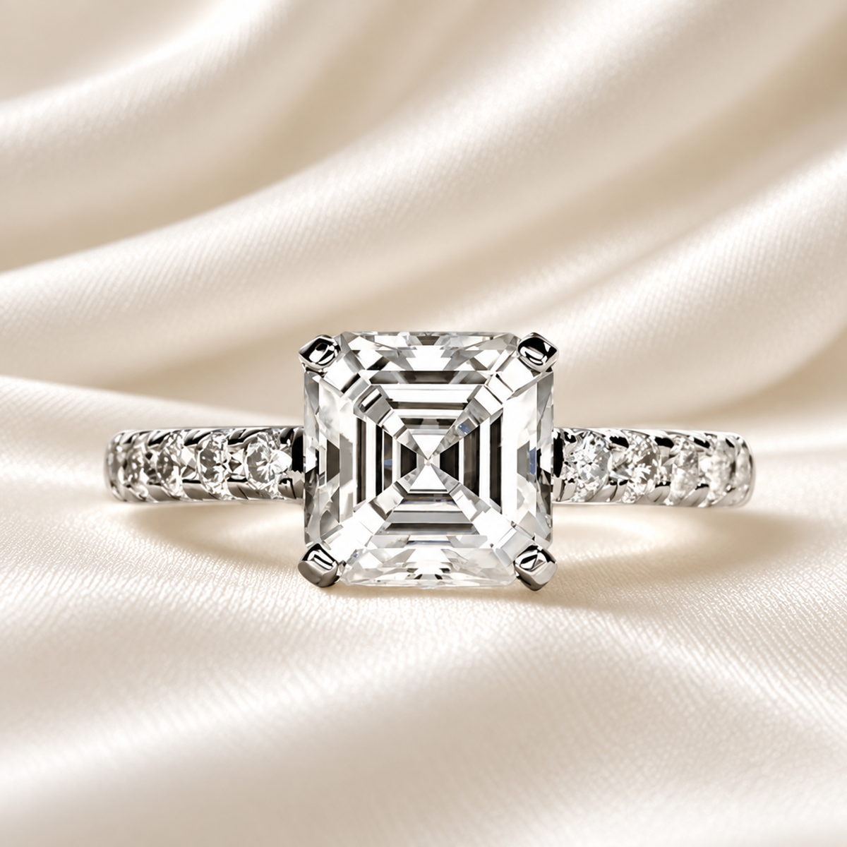Asscher-Cut 3ct Pave D-Colourless VVS1 Moissanite Engagement Ring - Affordable Luxury
