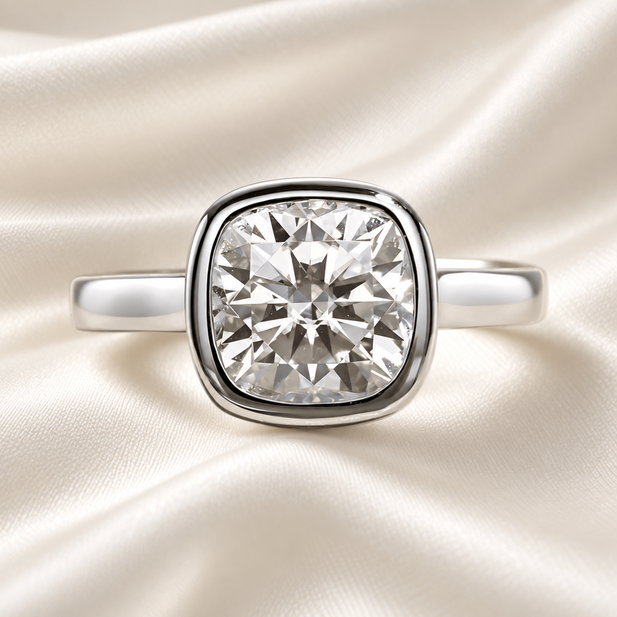 Cushion-Cut 3ct Moissanite Engagement Ring - With Elegant Bezel