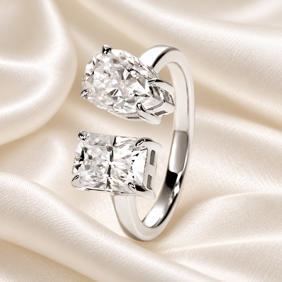 Dual Delight 2ct Radiant & 2ct Pear Cut Moissanite Ring in 18K White Gold Finish