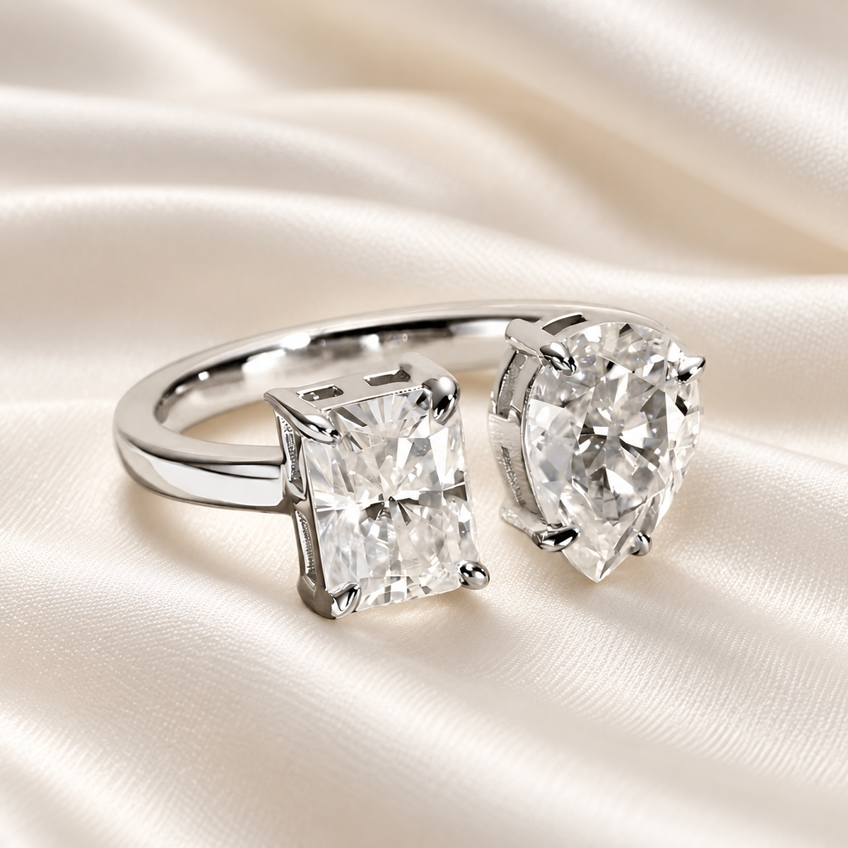 Dual Delight 2ct Radiant & 2ct Pear Cut Moissanite Ring in 18K White Gold Finish