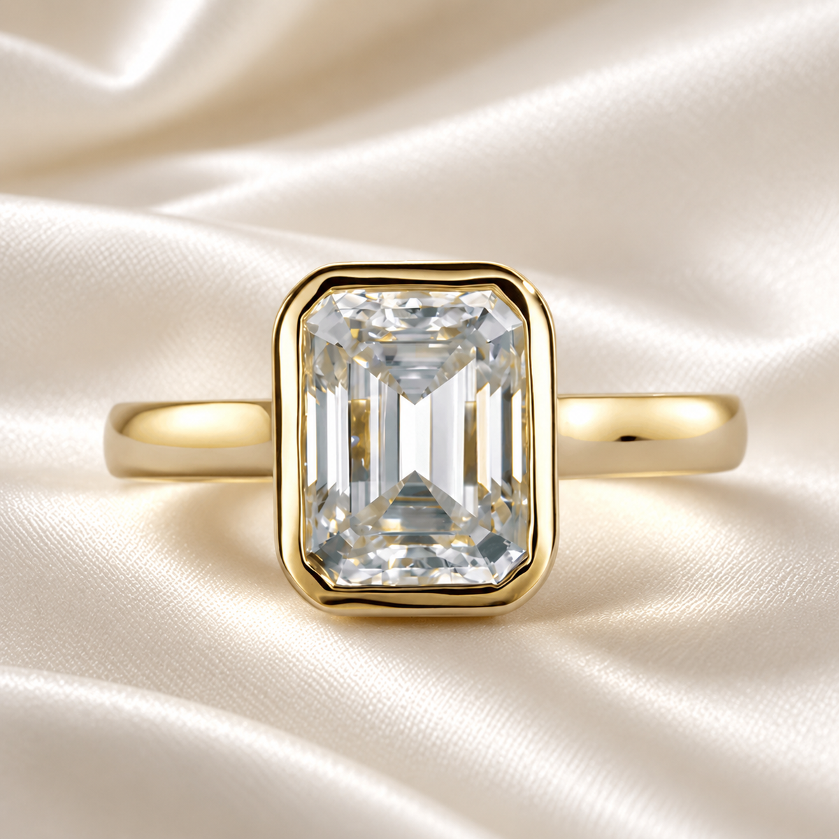 Emerald-Cut 3ct Moissanite Bezel-Set Ring in 18K Yellow Gold Finish