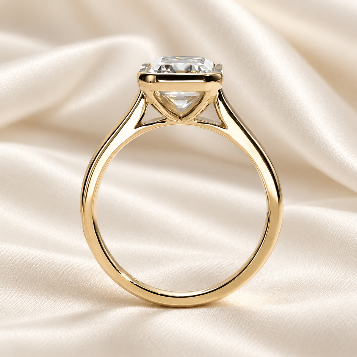 Emerald-Cut 3ct Moissanite Bezel-Set Ring in 18K Yellow Gold Finish