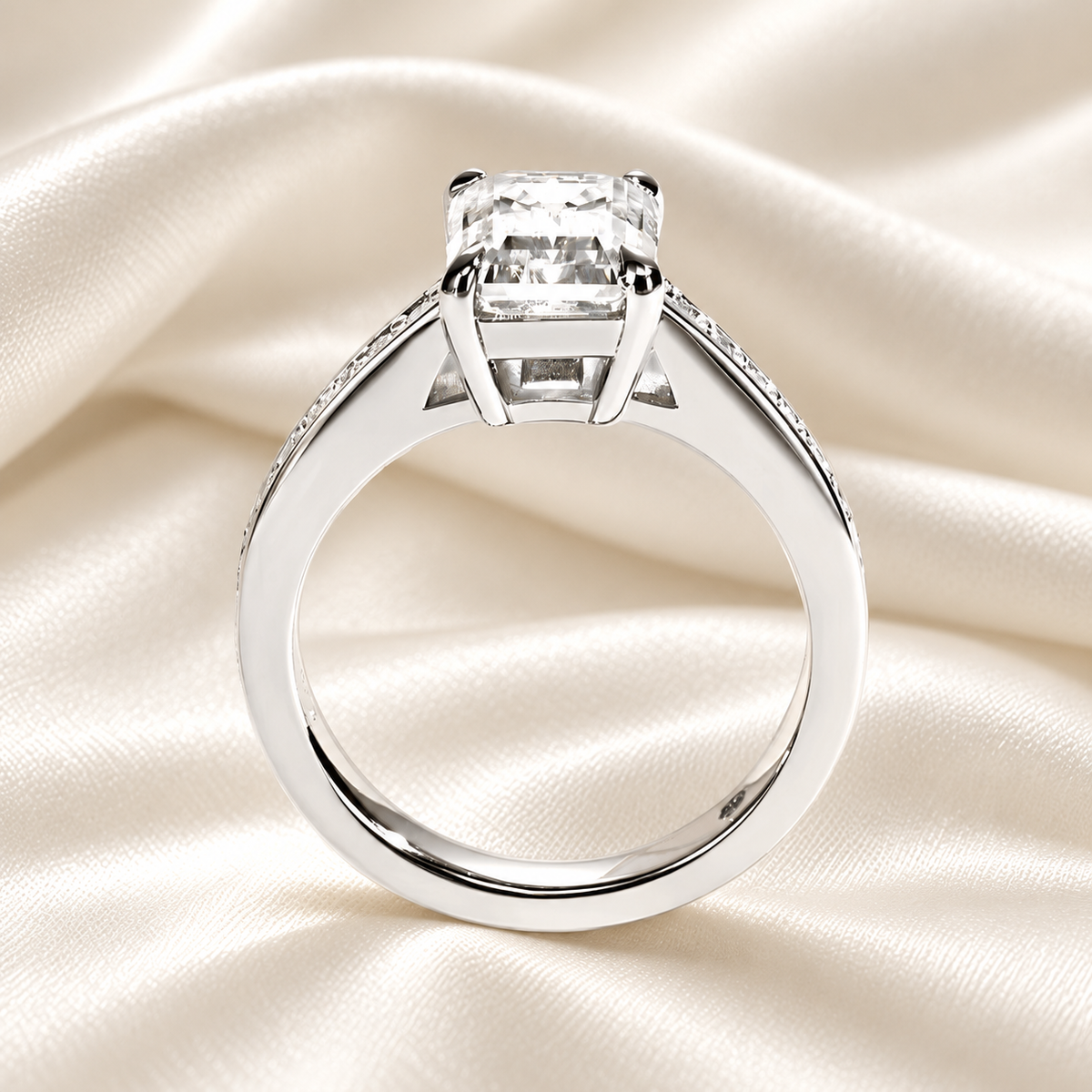 3ct Emerald-Cut Moissanite Engagement Ring | Half Pave Channel Setting with D-Colourless Stones