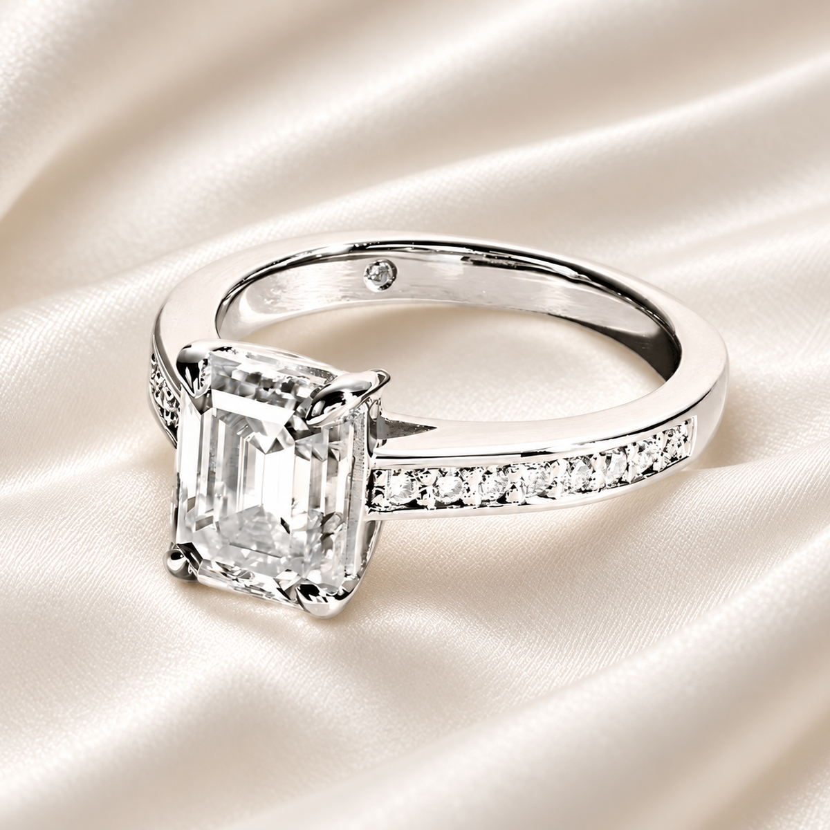 3ct Emerald-Cut Moissanite Engagement Ring | Half Pave Channel Setting with D-Colourless Stones