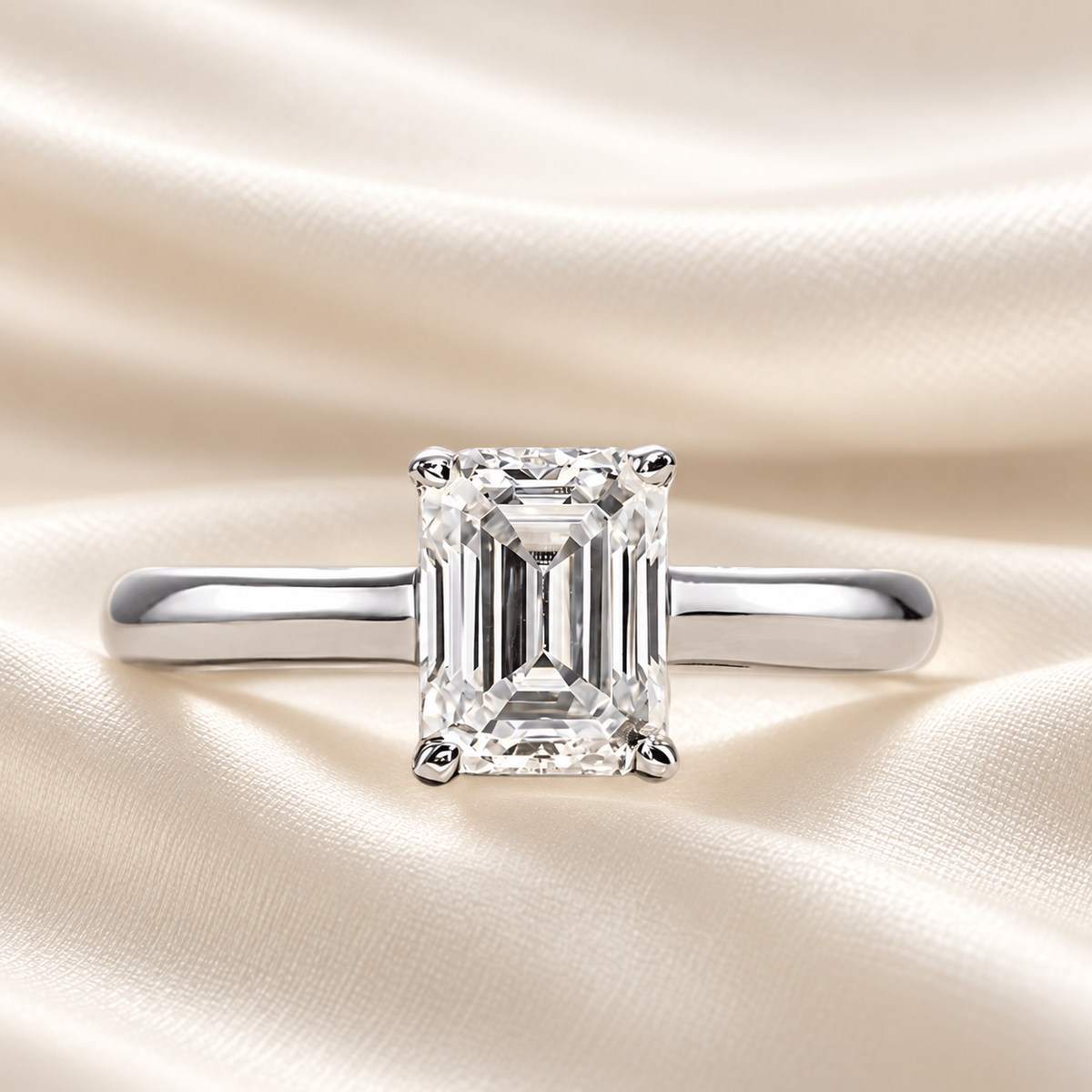 Emerald-Cut 2ct Moissanite Classic Ring with 18K White Gold Finish