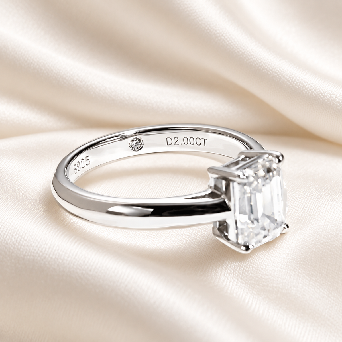 Emerald-Cut 2ct Moissanite Classic Ring with 18K White Gold Finish