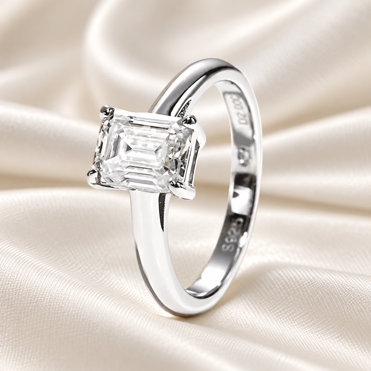 Emerald-Cut 2ct Moissanite Classic Ring with 18K White Gold Finish