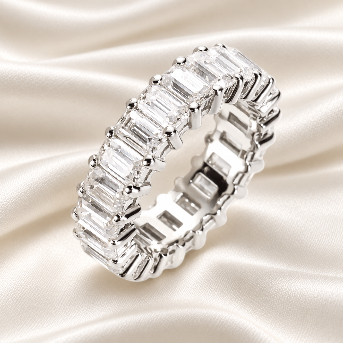 Emerald-Cut 6.3 TCW Full Eternity Moissanite Wedding Band in 18K White Gold Finish