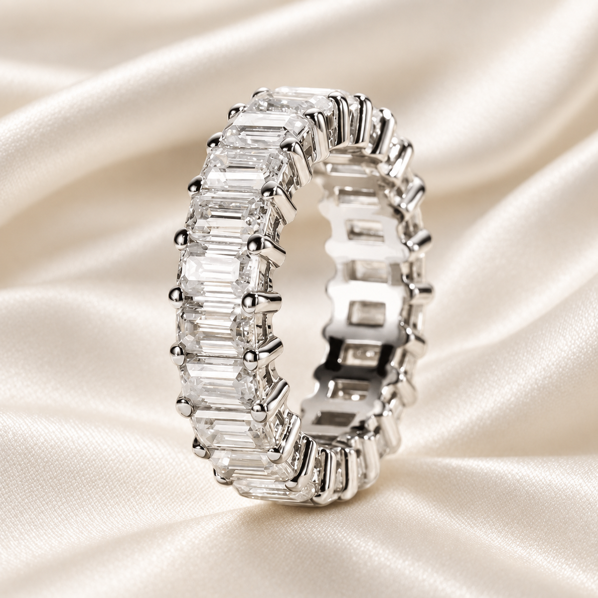 Emerald-Cut 6.3 TCW Full Eternity Moissanite Wedding Band in 18K White Gold Finish