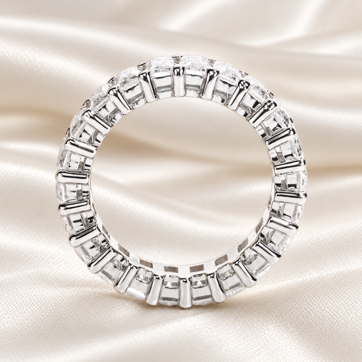 Emerald-Cut 6.3 TCW Full Eternity Moissanite Wedding Band in 18K White Gold Finish