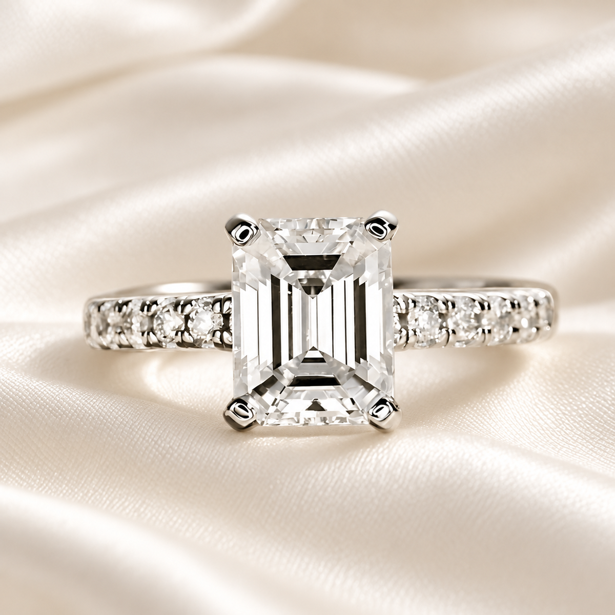 Emerald-Cut 3ct Moissanite Half Pave Ring - Finished in 18K White Gold