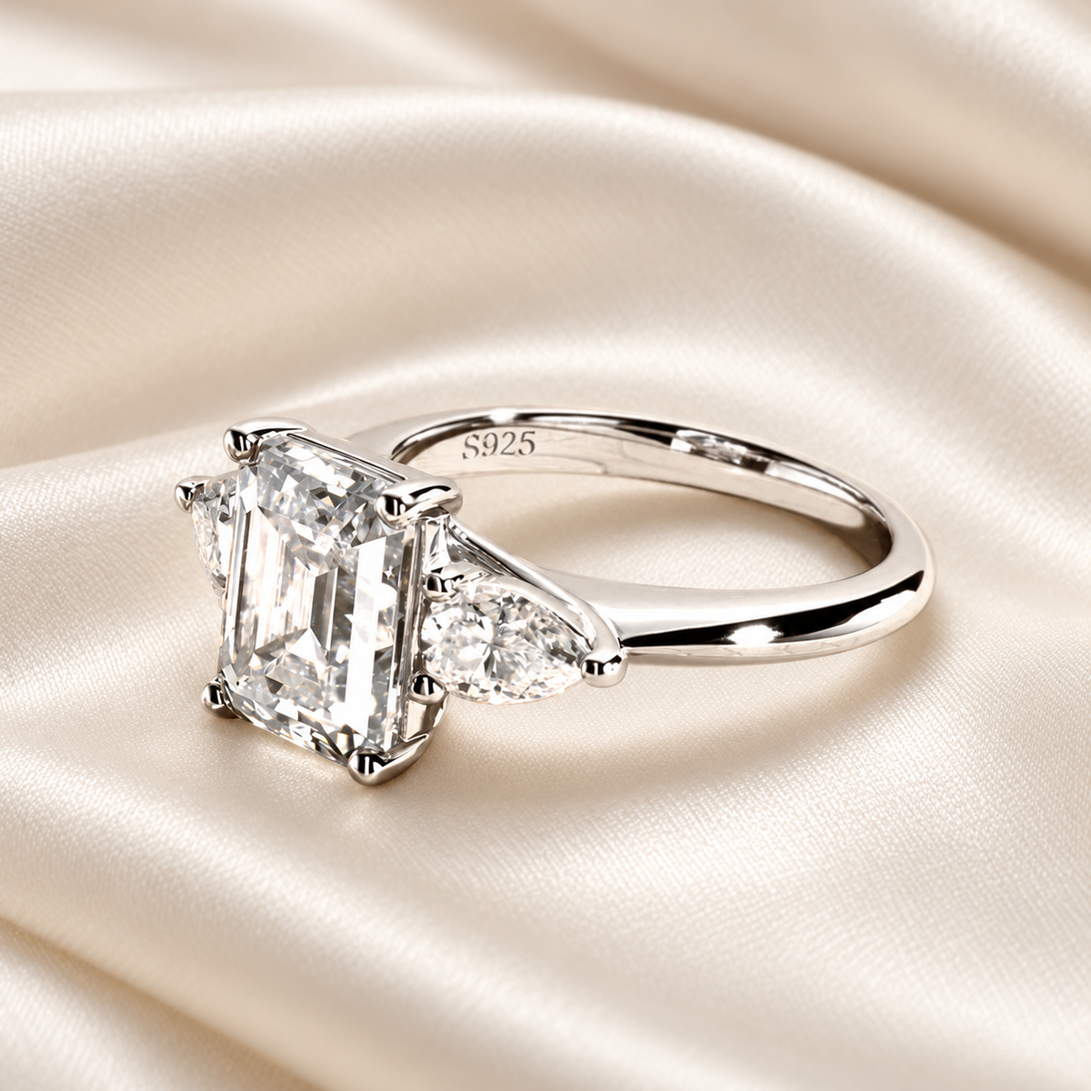 4ct Emerald-Cut Moissanite Engagement Ring | 0.5 Carat Pear-Cut Side Stones