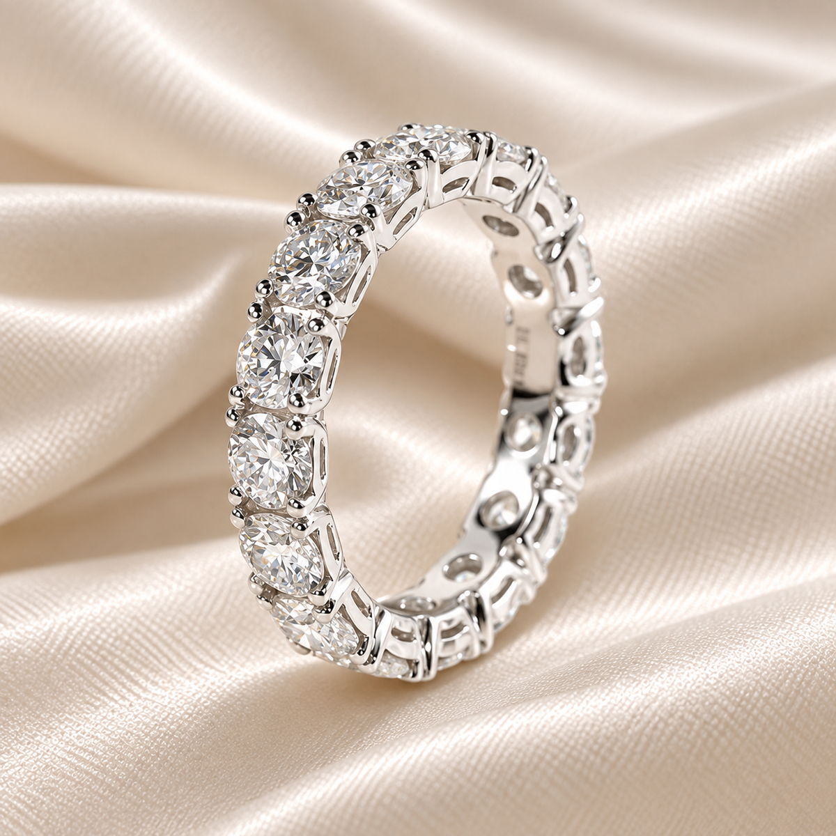 Full Eternity 5 TCW Round Moissanite Wedding Band in 18K White Gold Finish