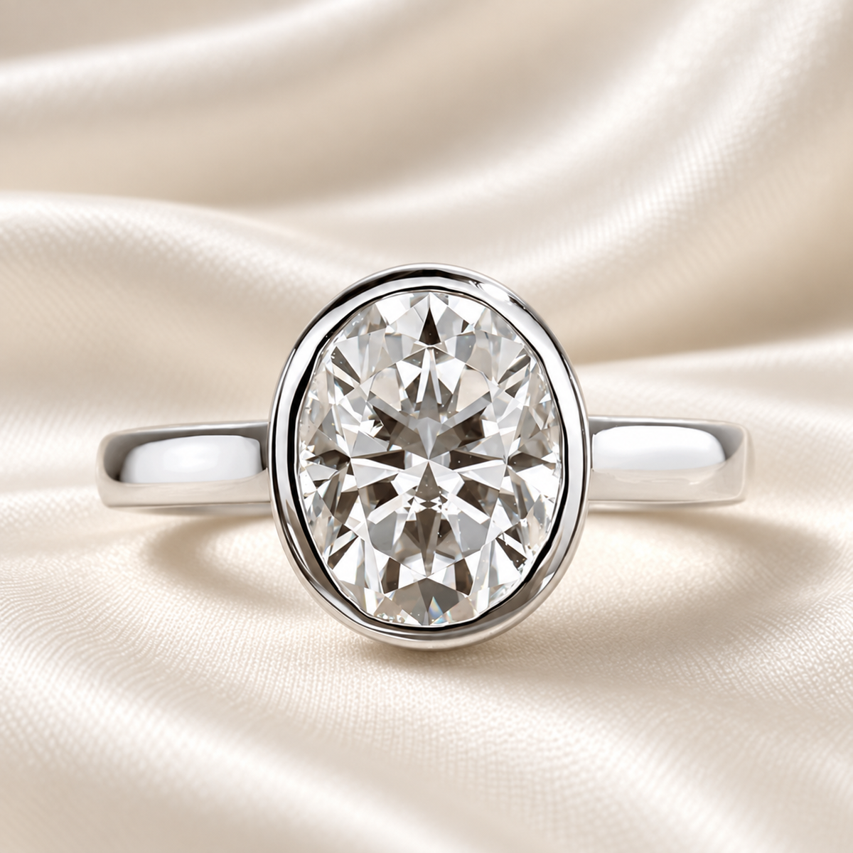 Oval 3ct Moissanite Ring Bezel-Set with 18K White Gold Finish