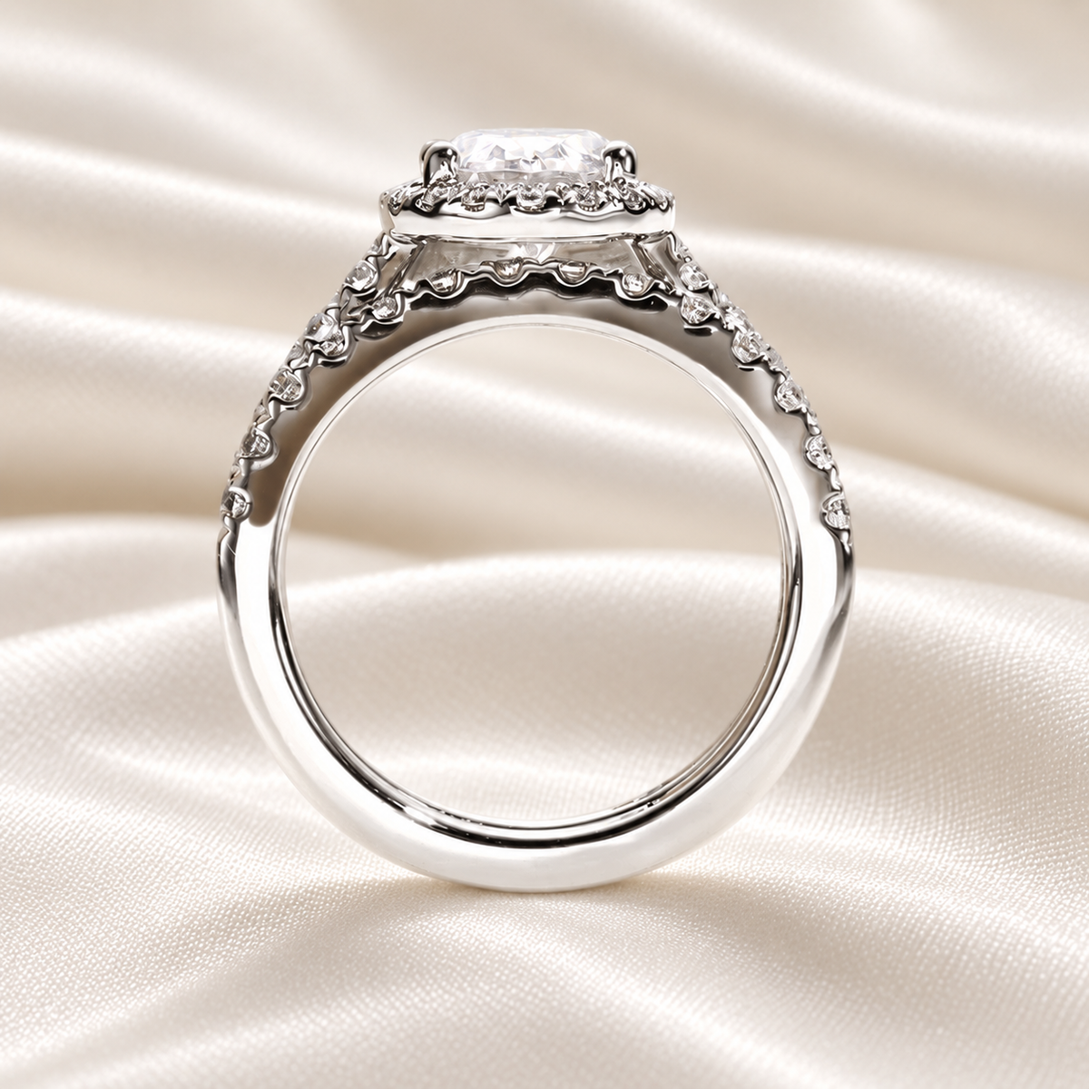 Oval 2ct Moissanite Halo Engagement Ring with Optional Half Pave Wedding Band Set