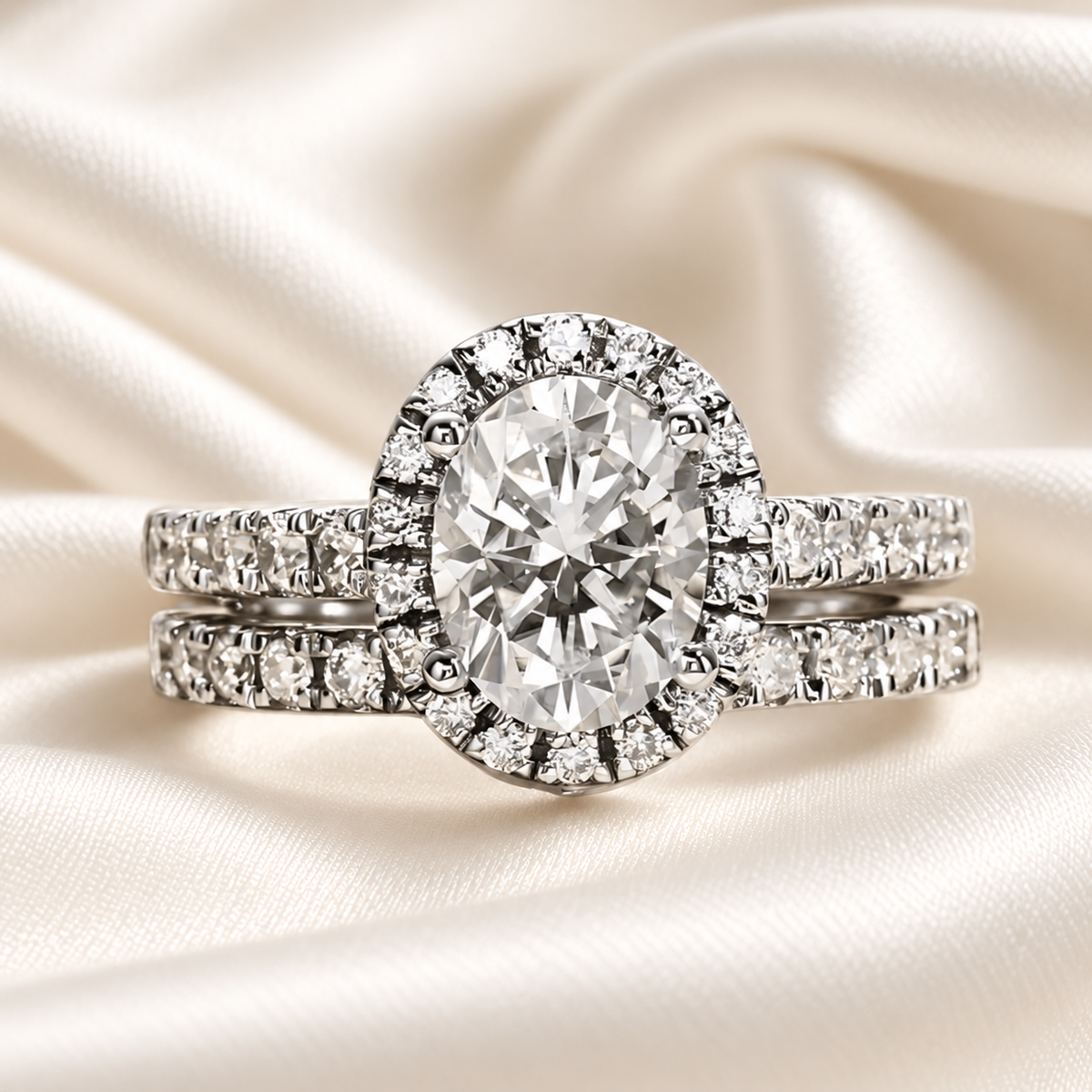Oval 2ct Moissanite Halo Engagement Ring with Optional Half Pave Wedding Band Set