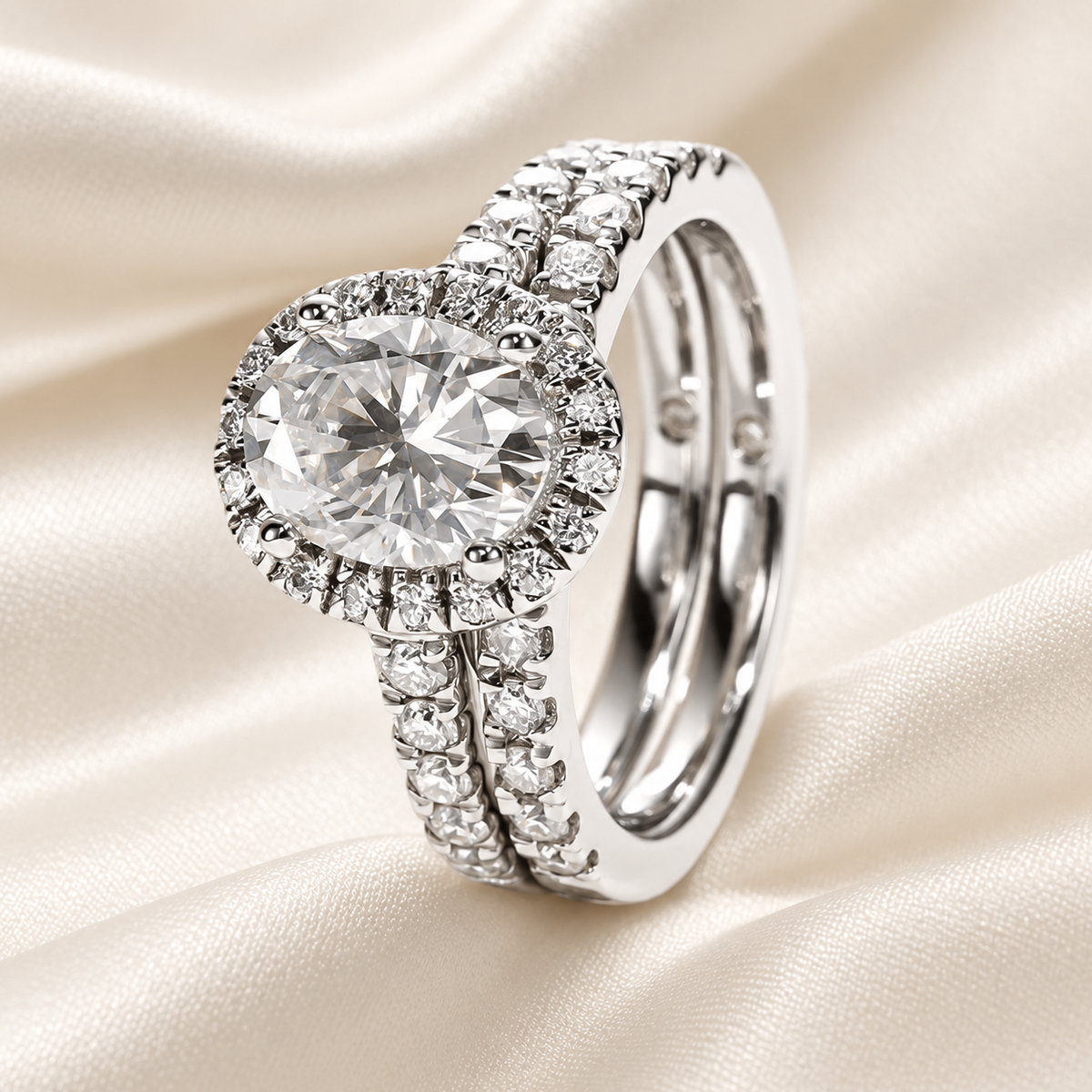 Oval 2ct Moissanite Halo Engagement Ring with Optional Half Pave Wedding Band Set