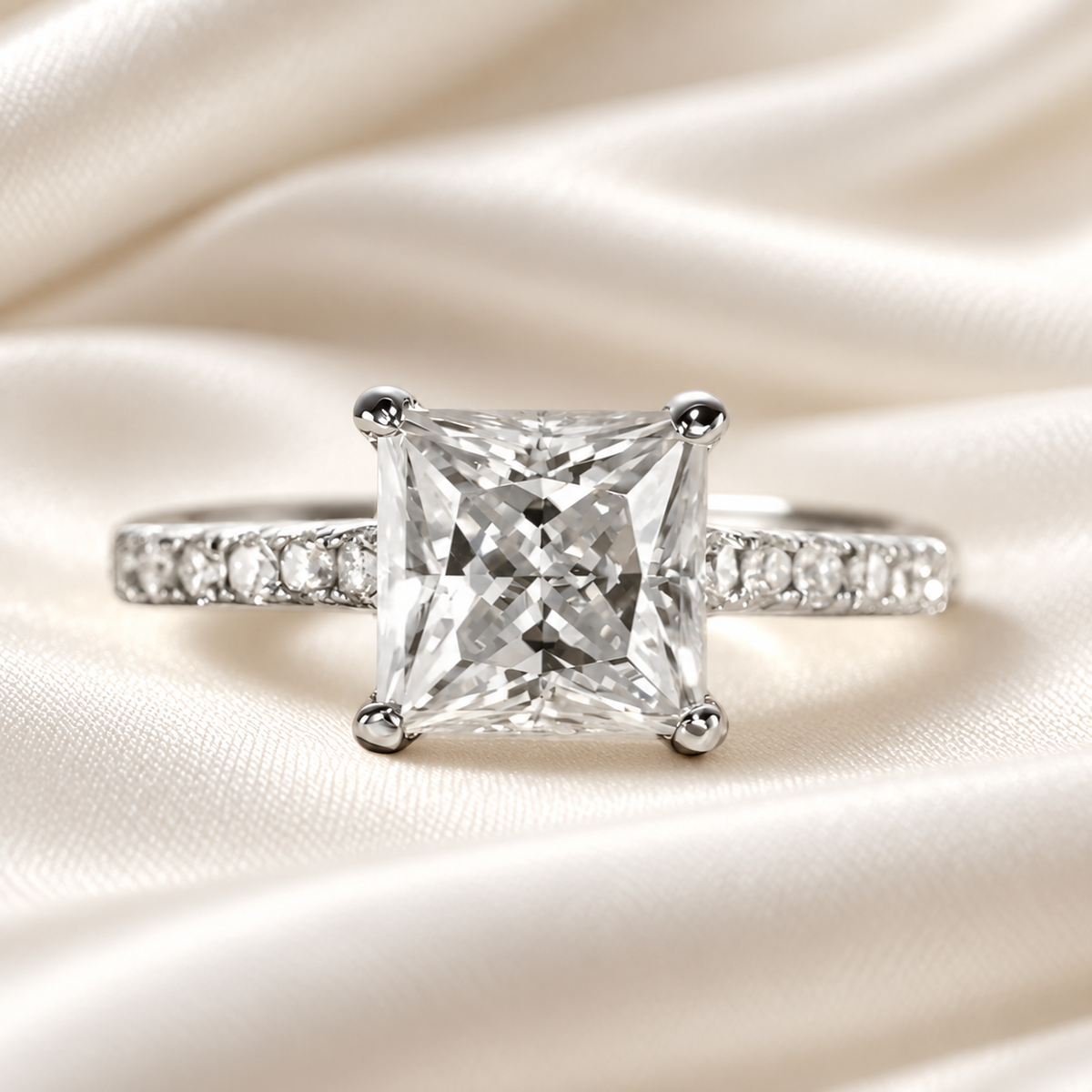 Princess-Cut 3ct Moissanite Engagement Ring with Half Pave finished in 18K White Gold - Versatile Set Options