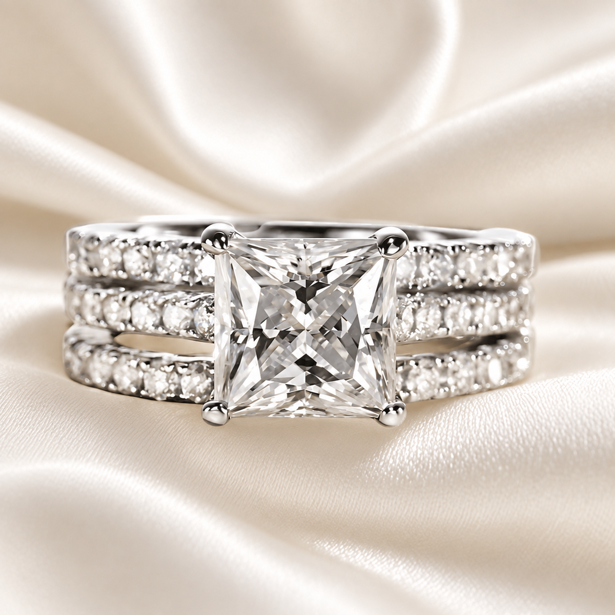 Princess-Cut 3ct Moissanite Engagement Ring with Half Pave finished in 18K White Gold - Versatile Set Options