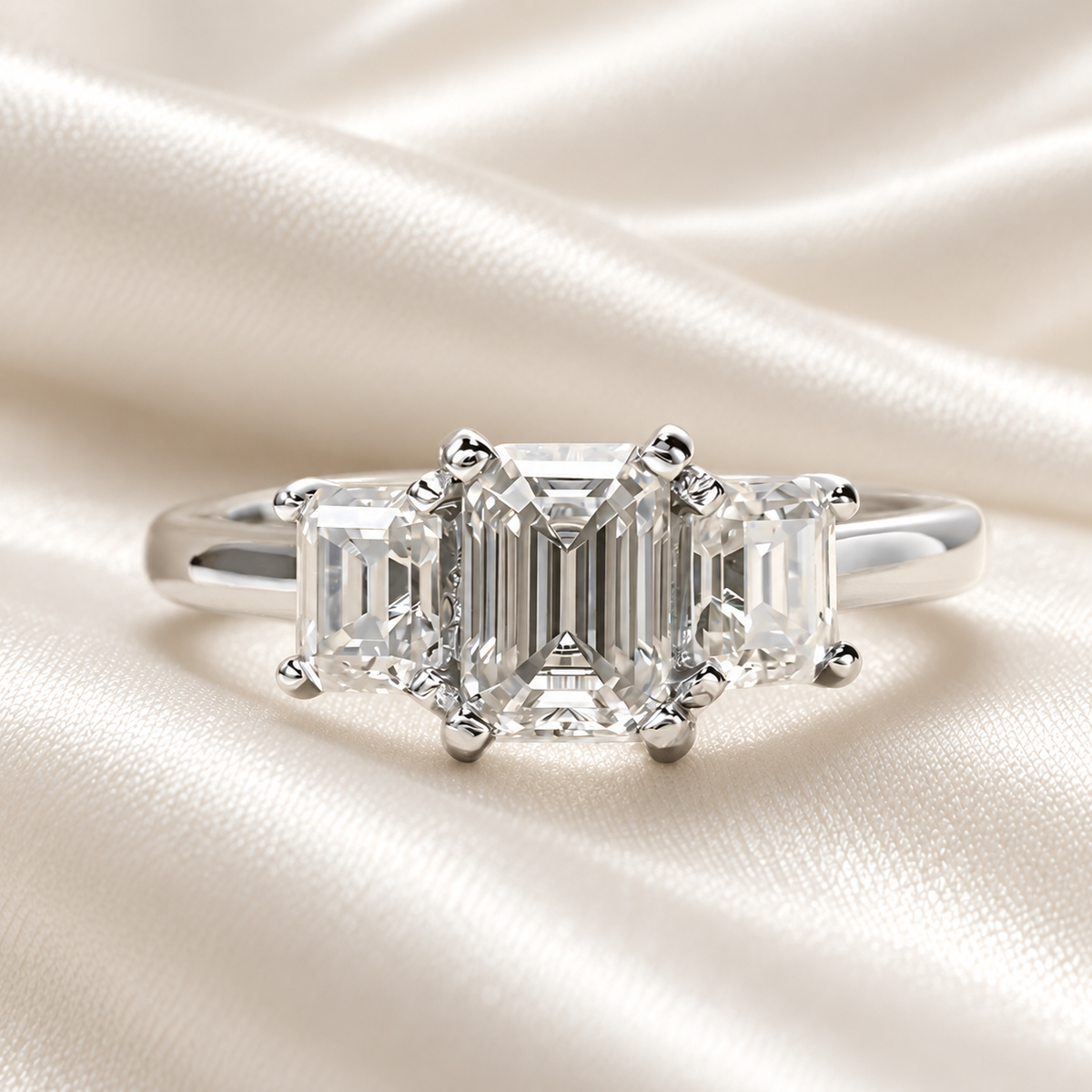 Tri-Emerald 1.8 TCW Moissanite Engagement Ring with 18K White Gold Finish