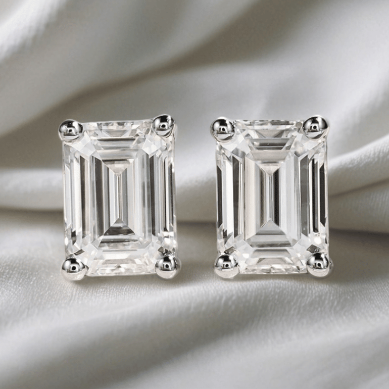 Emerald-Cut Moissanite Stud Earrings - Hypoallergenic