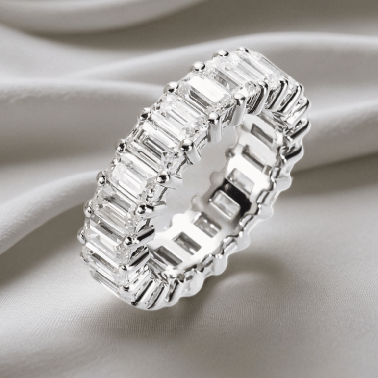 Emerald-Cut 6.3 TCW Full Eternity Moissanite Wedding Band in 18K White Gold Finish