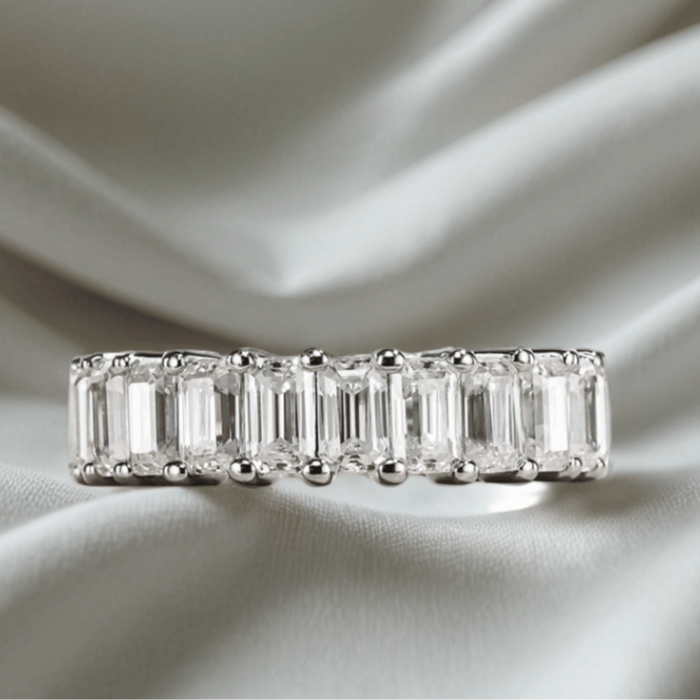 Emerald-Cut 6.3 TCW Full Eternity Moissanite Wedding Band in 18K White Gold Finish