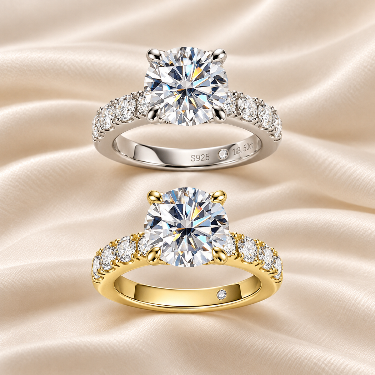 Round 3.5ct Moissanite Half Pave Ring  with Gold Plating Options