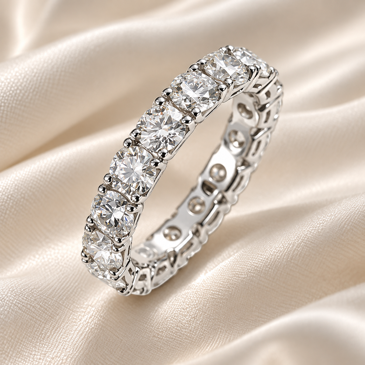 Full Eternity 5 TCW Round Moissanite Wedding Band in 18K White Gold Finish