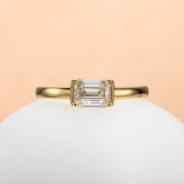 Emerald-Cut 1ct East-West Set Moissanite Ring with 18K Yellow Gold Finish