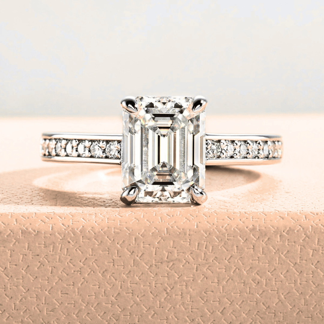 3ct Emerald-Cut Moissanite Engagement Ring | Half Pave Channel Setting with D-Colourless Stones