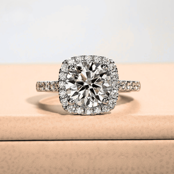Round 3ct Moissanite Halo Ring with Half Pave in White Gold Plating