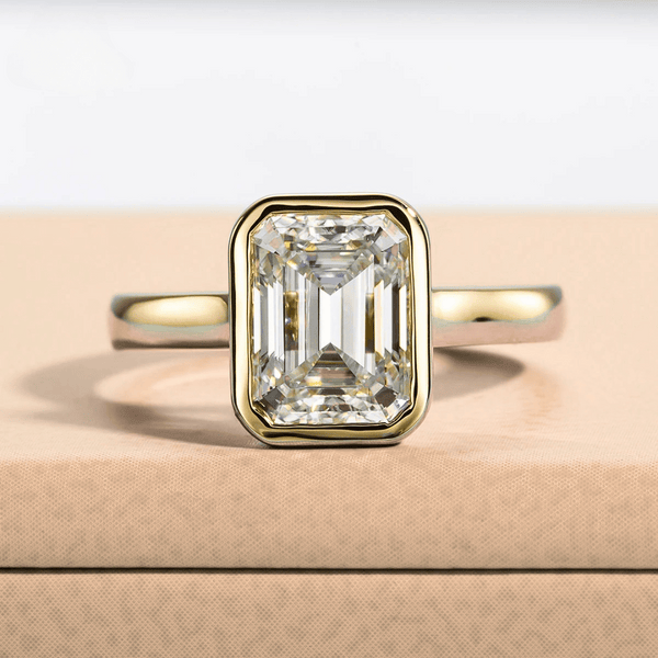 Emerald-Cut 3ct Moissanite Bezel-Set Ring in 18K Yellow Gold Finish