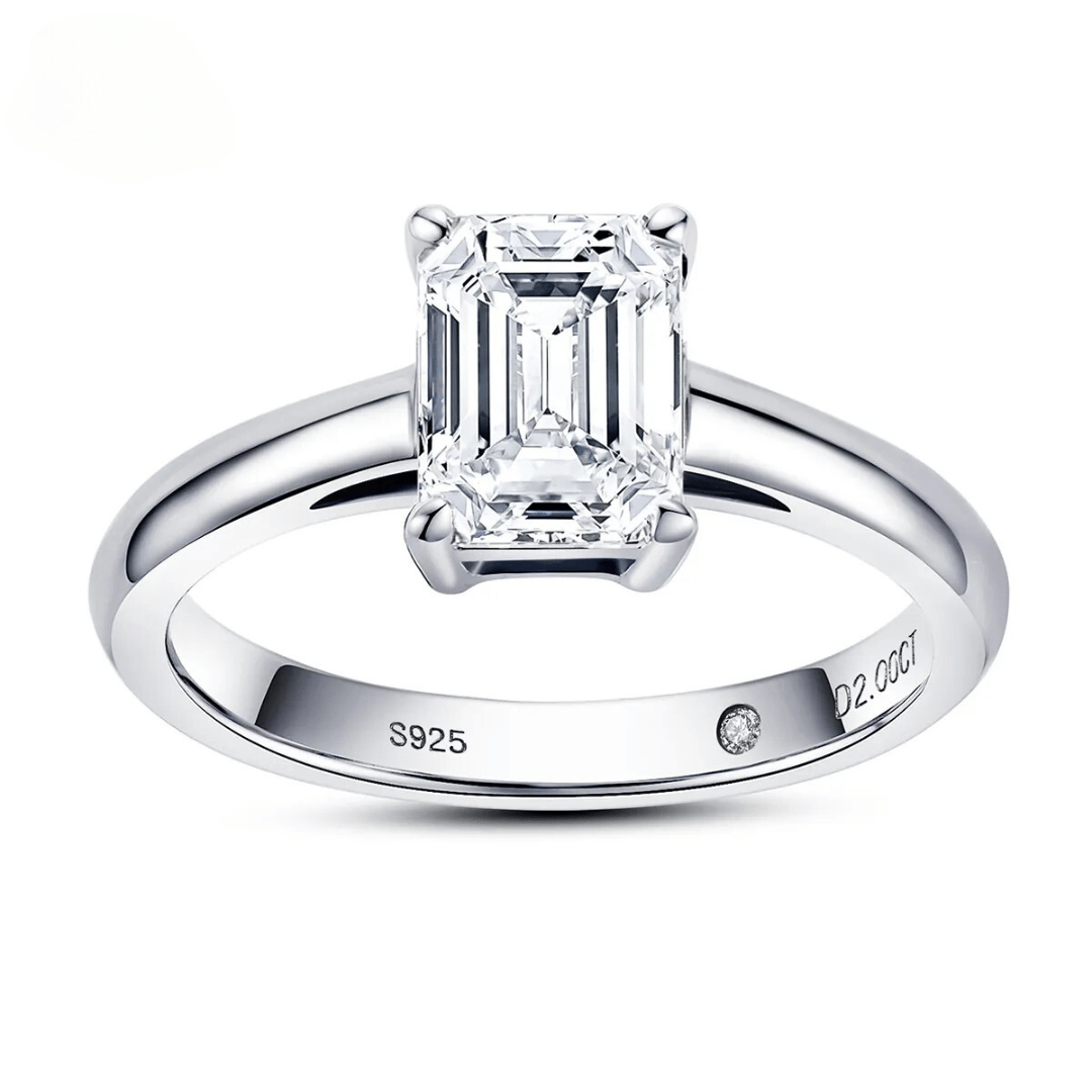 Emerald-Cut 2ct Moissanite Classic Ring with 18K White Gold Finish