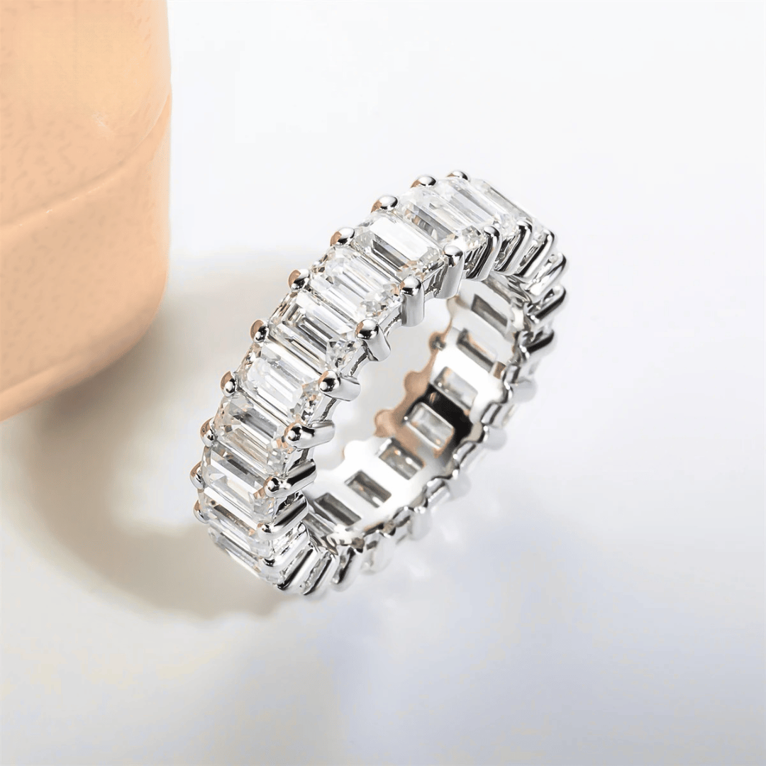 Emerald-Cut 6.3 TCW Full Eternity Moissanite Wedding Band in 18K White Gold Finish