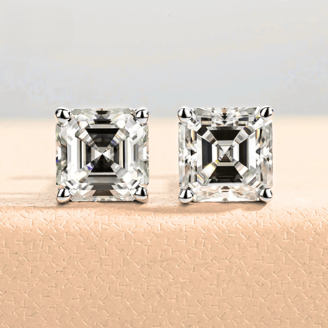 Asscher-Cut Moissanite Stud Earrings | D-Colourless VVS1 with 10K Gold Hypoallergenic Posts