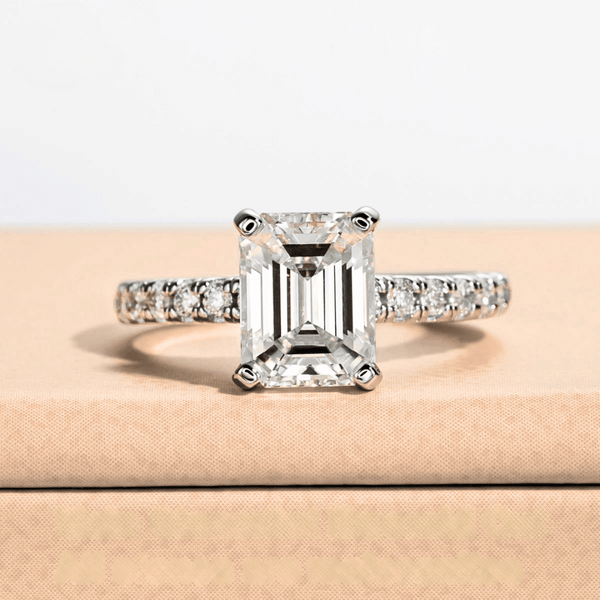 Emerald-Cut 3ct Moissanite Half Pave Ring - Finished in 18K White Gold