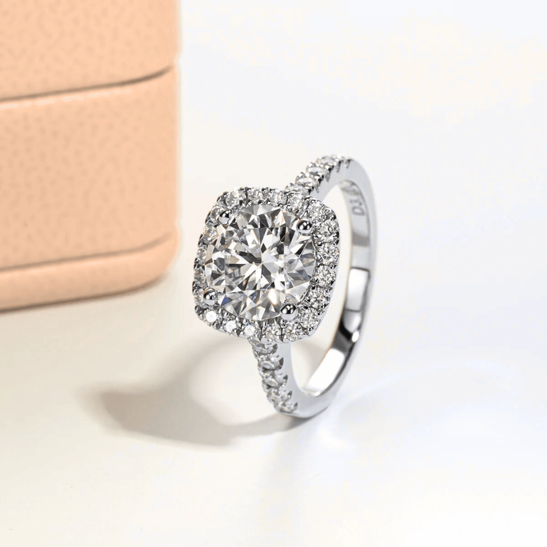 Round 3ct Moissanite Halo Ring with Half Pave in White Gold Plating