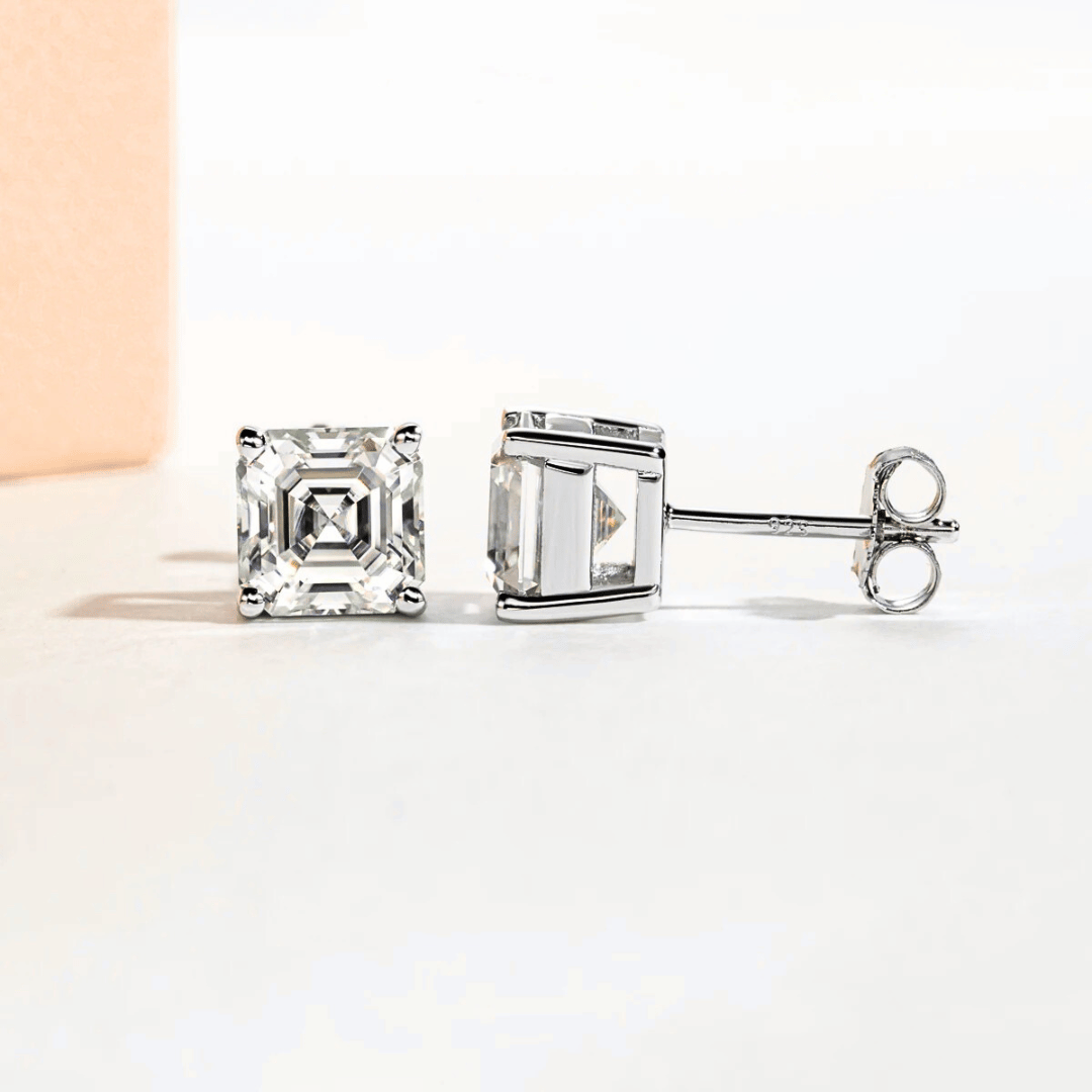 Asscher-Cut Moissanite Stud Earrings | D-Colourless VVS1 with 10K Gold Hypoallergenic Posts