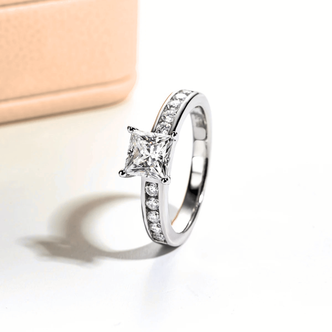 Princess-Cut 1.2ct Moissanite Channel-Set Ring with Matching Band Option in 18K White Gold