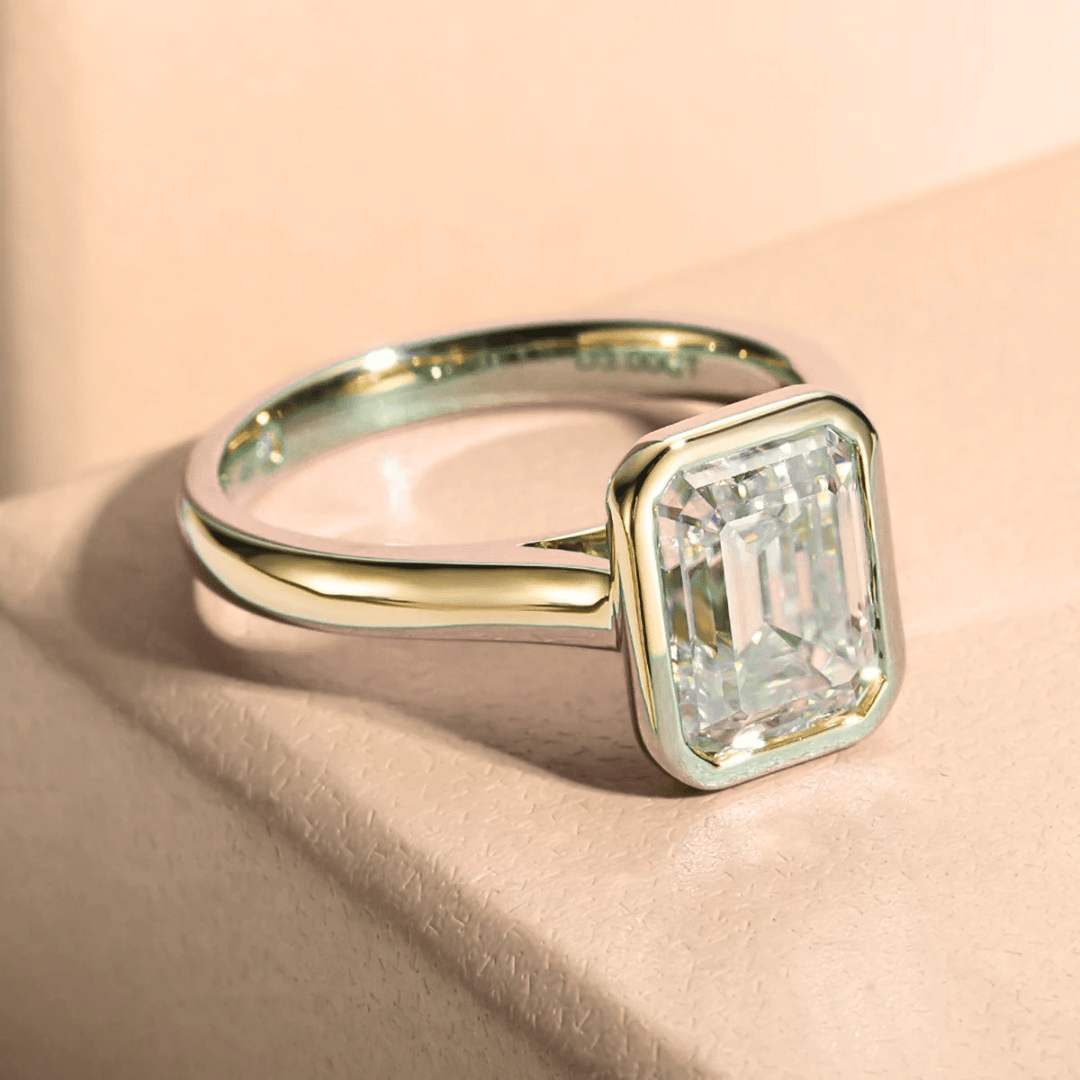 Emerald-Cut 3ct Moissanite Bezel-Set Ring in 18K Yellow Gold Finish