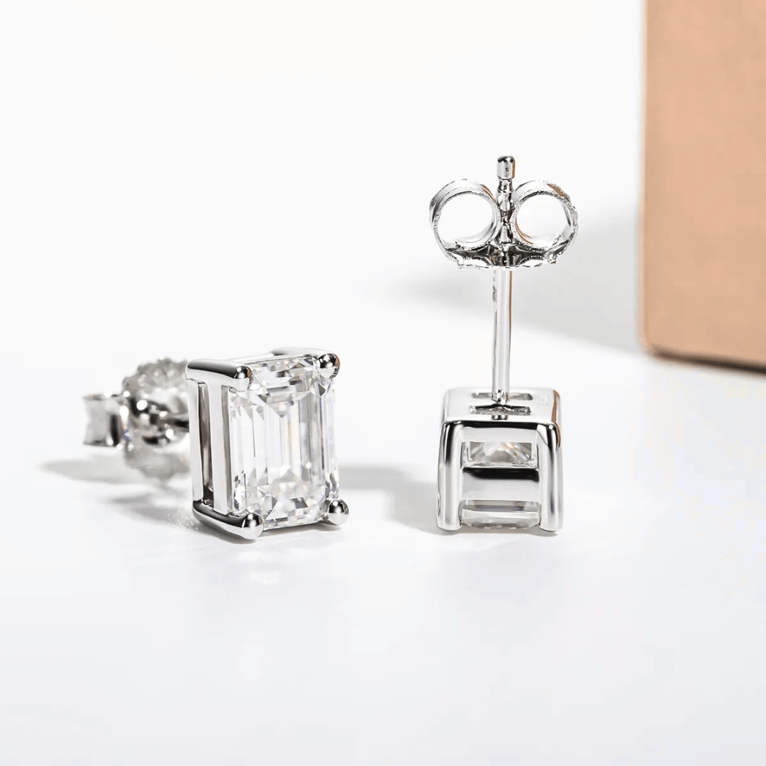 Emerald-Cut Moissanite Stud Earrings - Hypoallergenic