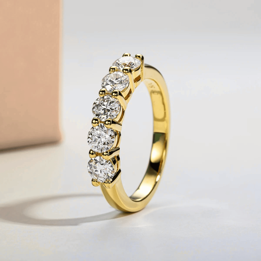 Five-Stone 1.5 TCW Round Moissanite Wedding Band with White or Yellow Gold Finish