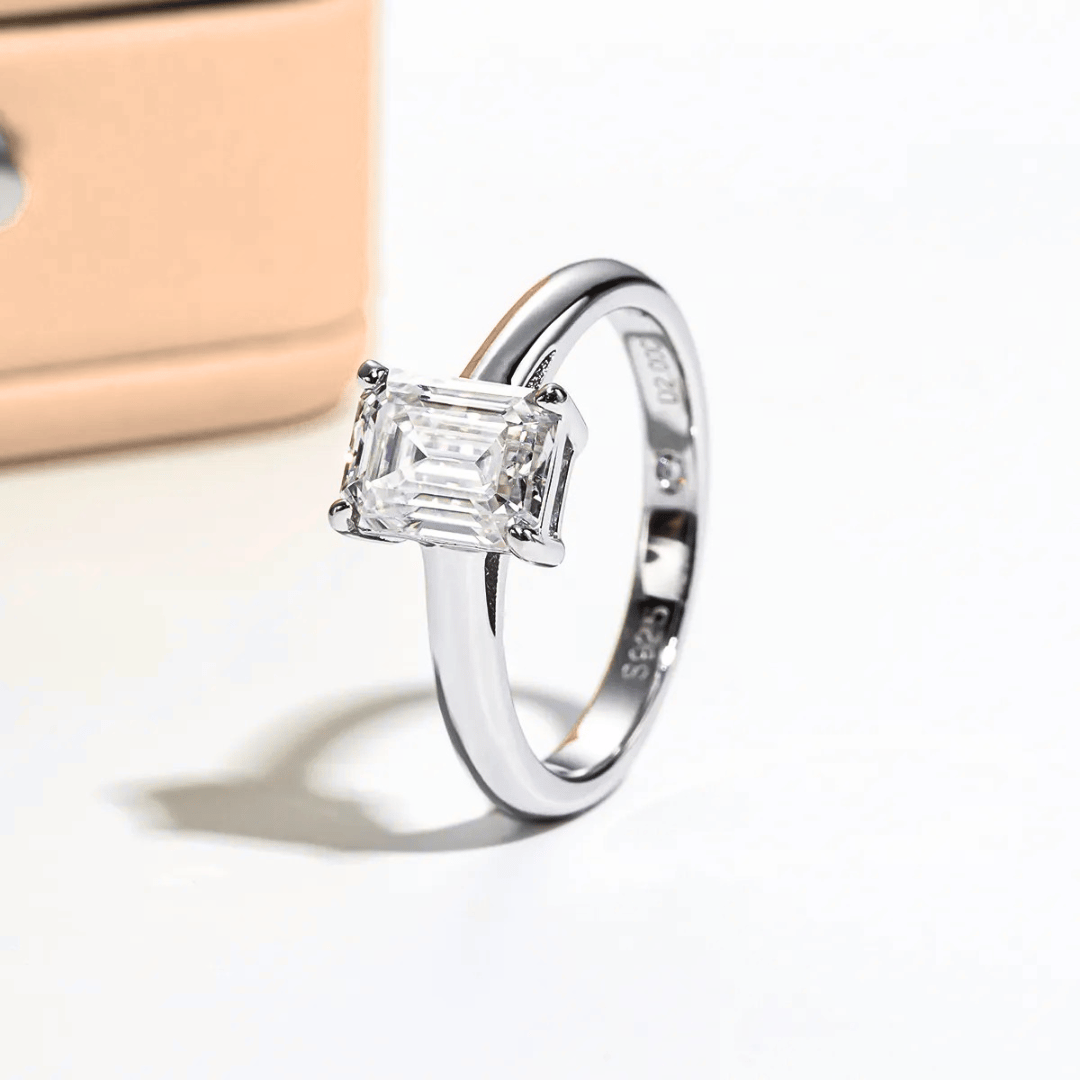 Emerald-Cut 2ct Moissanite Classic Ring with 18K White Gold Finish