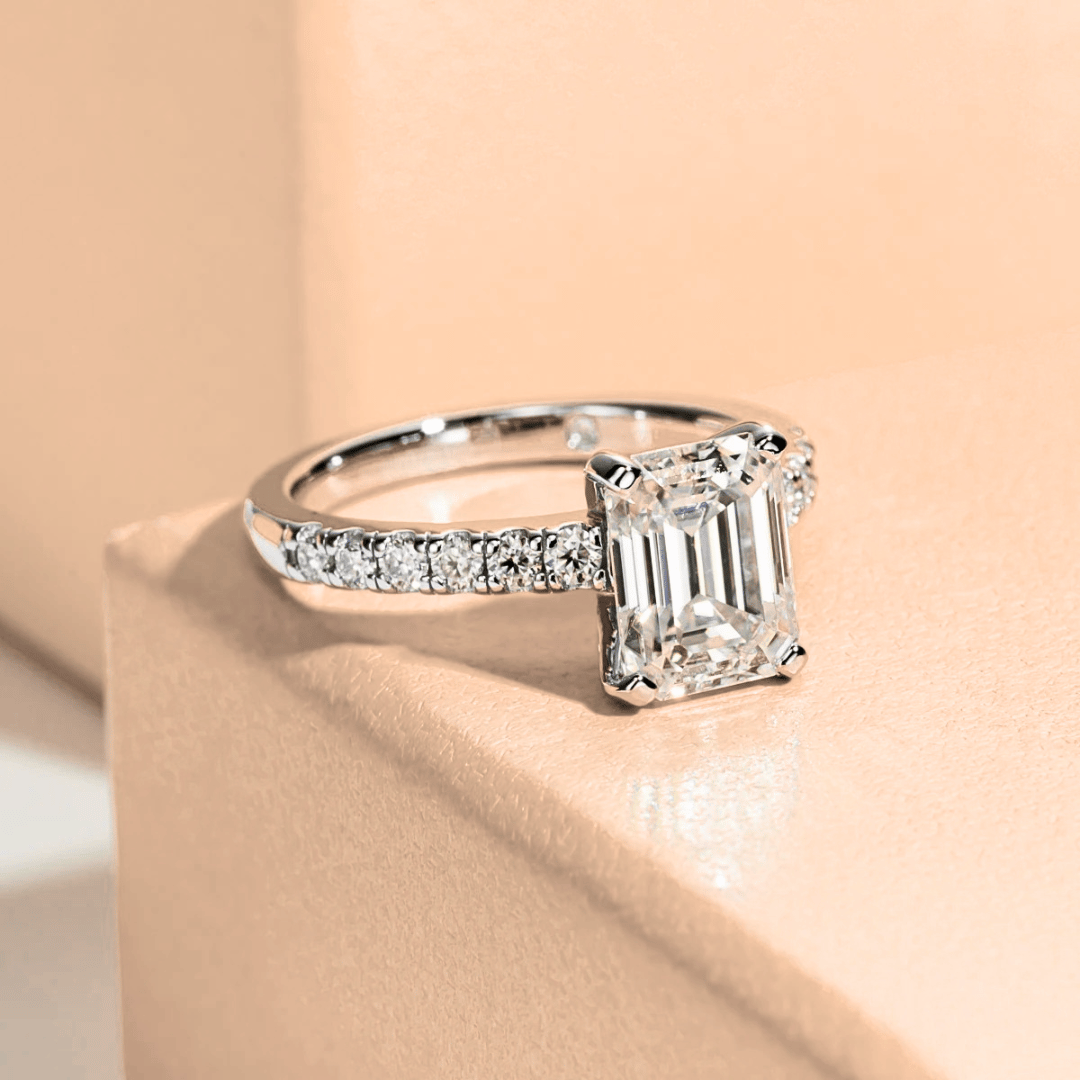 Emerald-Cut 3ct Moissanite Half Pave Ring - Finished in 18K White Gold