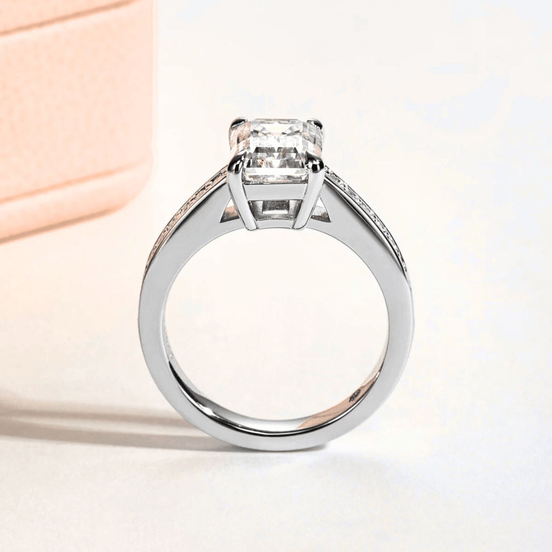 3ct Emerald-Cut Moissanite Engagement Ring | Half Pave Channel Setting with D-Colourless Stones